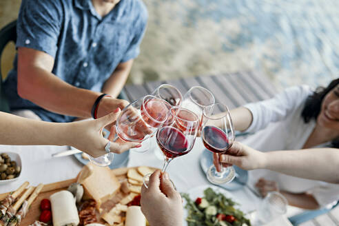 Friends having dinner at a lake clinking wine glasses - ZEDF03544