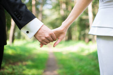 Unerkennbar Braut und Bräutigam halten die Hände beim Gehen auf unscharfen Hintergrund der Natur am sonnigen Tag - ADSF00120