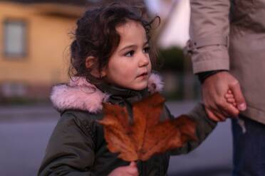 Daughter looking away while holding hands with father during autumn - MASF18824