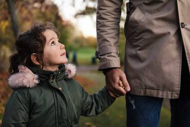 Tochter sieht ihren Vater an, während sie im Herbst im Park die Hände hält - MASF18830