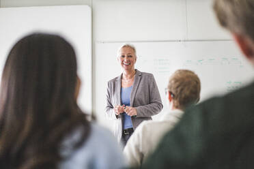 Smiling mature female teacher teaching in university classroom - MASF19136