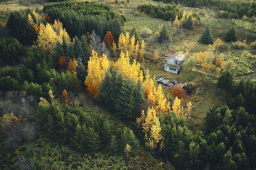 Remote country house in autumnal land from drone - CAVF86790