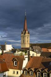 Germany, Baden-Wurttemberg, Radolfzell am Bodensee, Cloudy sky over bell tower of Cathedral of Our Dear Lady - ELF02161