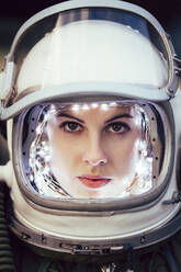 Girl wearing old space helmet - ADSF00387