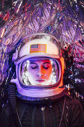 Girl wearing old space helmet - ADSF00396