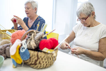 Senior women knitting toghether in needlework group of retirement home - WESTF24690