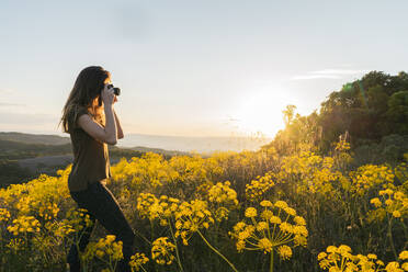 Seitenansicht einer Frau in Sommerkleidung, die Fotos von einer schönen Landschaft mit Blumenfeldern bei Sonnenuntergang in El Montcau, Barcelona, Spanien, vor einem beleuchteten Hintergrund macht - ADSF00478