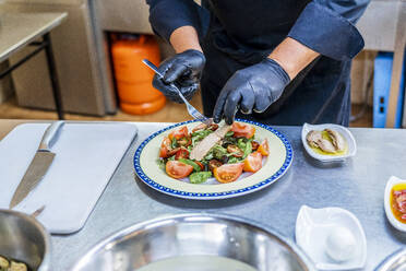Koch garniert Teller mit Salat und Fisch - DLTSF00827