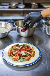 Koch garniert Teller mit Salat und Fisch - DLTSF00833
