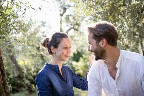Happy mid adult couple enjoying at olive orchard stock photo