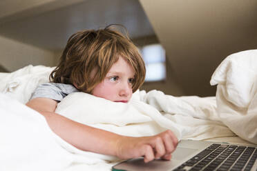 6 year old boy looking at laptop compuetr in his bedroom - MINF14616