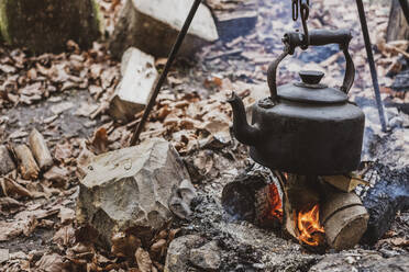 High angle close up of kettle over camp fire in a forest. - MINF14632