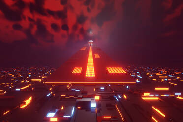 Dreidimensionales Rendering einer Pyramide in einer futuristischen Stadt bei Nacht - SPCF00734