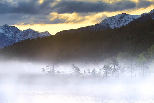 Nebliger Sonnenaufgang am Teich im Naturschutzgebiet Pian di Gembro, Pian di Gembro, Valtellina, Lombardei, Italien, Europa - RHPLF15584