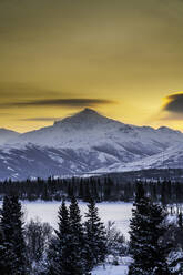 Sunrise over the frozen Otto Lake and snowy mountains of Denali National Park in the background, Alaska, United States of America, North America - RHPLF15812
