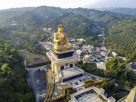 Taiwan, Dashu District, Kaohsiung, Aerial view of golden Buddha statue in Fo Guang Shan Monastery - RUNF03882