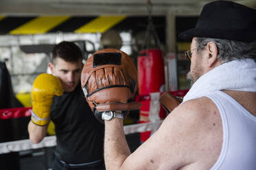 Seitenansicht eines Boxers, der die Handschuhe eines Trainers im Fitnessstudio schlägt. - ADSF01207