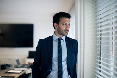 Bearded businessman wearing suit and tie standing by a window. - CUF56084