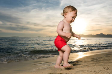 Adorable little boy walking on sandy beach and looking away at seaside. - ADSF01290