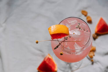 Cocktail Grapefruit, alkoholisches Getränk mit tropischen Früchten, Lavendel und Eisblumen von oben - ADSF01310