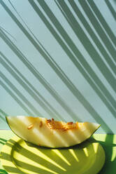 Halb Melone Kröte Haut in Scheibe geschnitten. bunte Sommer-Thema. in blauen und grünen Hintergrund, Schatten der Palmenblätter - ADSF01315