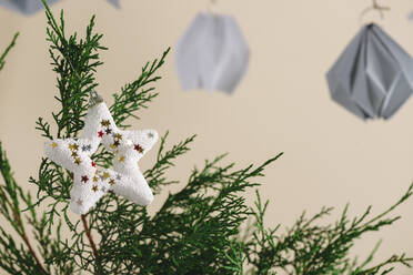 Tannenbaum in Vase, mit weißen Sternen auf dem weißen Tisch - ADSF01339