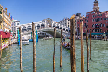 View of Rialto Bridge, Grand Canal and restaurants, Venice, UNESCO World Heritage Site, Veneto, Italy, Europe - RHPLF16121