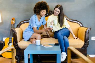 Multiethnische Freundinnen benutzen ein Smartphone, während sie auf dem Sofa in einem modernen Café sitzen - GIOF08507