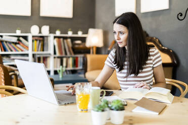 Beautiful woman using laptop while studying in coffee shop - GIOF08579