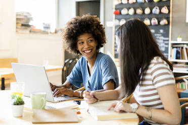 Happy women with laptop studying at table in coffee shop - GIOF08584