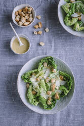 Schalen mit knusprigen Croutons und frischer Sauce stehen neben köstlichem Salat auf grauem Tuch. - ADSF01647