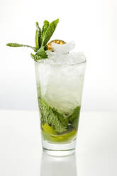 Hohes Glas mit traditionellem Mojito-Cocktail, garniert mit getrockneter Limette und Minze auf schwarzem Hintergrund - ADSF01657