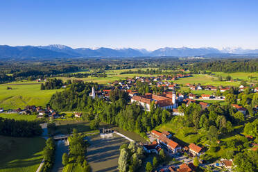 Deutschland, Bayern, Beuerberg, Drone view of riverside village in summer - LHF00804