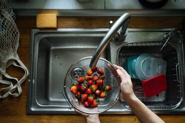 Crop female hands holding wire strainer with bright fresh strawberries under sink tap on wooden?counter from above - ADSF01882