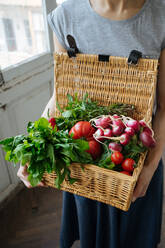 Crop woman in shirt and skirt holding in hands basket with open lid full of bright fresh tomatoes, pepper, radish and potherbs - ADSF01905