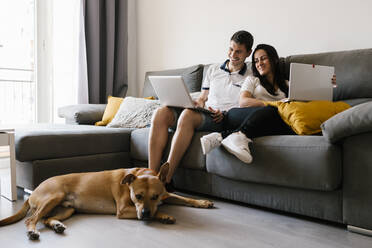 Ehepaar benutzt Laptops auf dem Sofa in der Nähe des Hundes zu Hause - EGAF00439