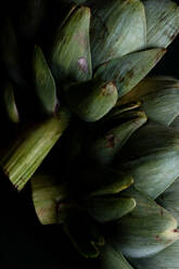 Rustic portrait with textures and close up of two halves of an artichoke. Black background - ADSF02716