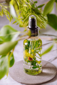 Essential oil of almonds, with flowers and natural herbs, on a background of green leaves - ADSF02784