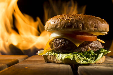 Leckere Burger mit großen Kotelett auf Holztisch auf dem Hintergrund des Feuers liegen - ADSF02932