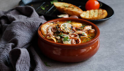 Soup of octopus and shrimps near toasts and spoon - ADSF03041