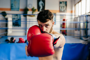 Gutaussehender, muskulöser Mann mit Handschuhen, der im Fitnessstudio am Sandsack steht. - ADSF03851