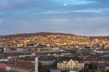 Switzerland, Zurich, Cityscape at dusk, aerial view - TAMF02620