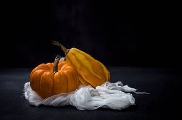 Halloween-Dekoration auf dunklem Hintergrund; Spinnen; Kürbis; Dunkelheit; Copyspace - ADSF04002