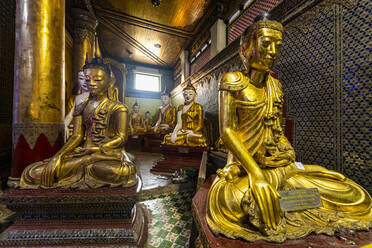 Myanmar, Mon state, Dawei, Gold statues at Shinmokti pagoda - RUNF03892