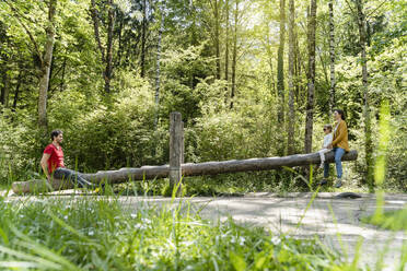 Eltern mit Tochter spielen auf einer hölzernen Wippe gegen Bäume im Wald - DIGF12756