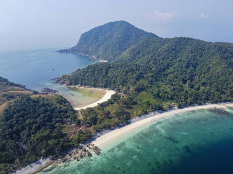 Myanmar, Mergui or Myeik Archipelago, Smart island, Coastline and turquoise sea, aerial view - RUNF03962