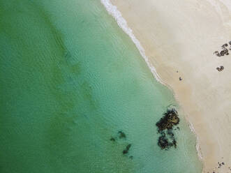 Myanmar, Mergui or Myeik Archipelago, Smart island, Sandy beach and turquoise sea, aerial view - RUNF03964