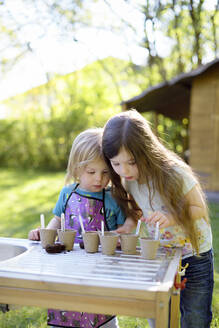 Cute sisters planting seeds in small pots on table at yard - BRF01474