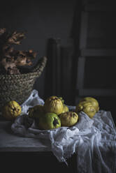 Basket with autumn leaves and exotic fruits - ADSF04454