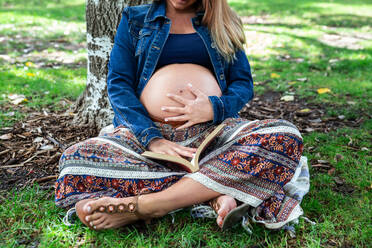 Schwangere attraktive Frau sitzt unter einem Baum - ADSF04546